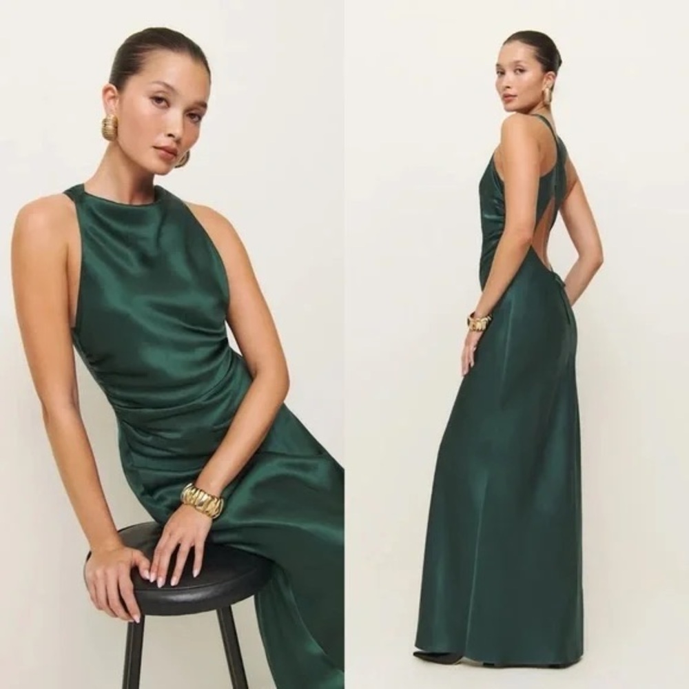 NEW Reformation Anaiis Long Silk Dress Forest Dark Green Size 6